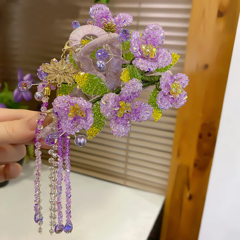 Handmade Purple Beaded Flower Hair Claw Clip Chinese Style Long Tassel Hair Grips Women Hanfu Wedding Banquet Hair Accessories