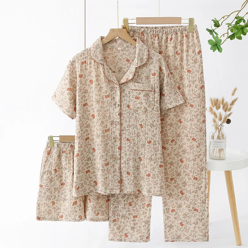 

Pajamas Women's Summer 100% Cotton Crepe Crepe Lapel Short Sleeve Pants Shorts Homewear 3PCS Set