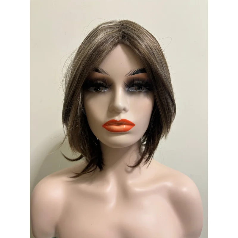 Brown and white layered short womens fairy cut with golden highlights for a nat