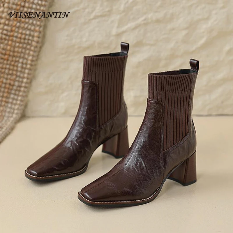 

Knitting Splicing Genuine Leather Stretch Short Boot Women Vintage Square Toe Chunky High Heel Fashion Slim Leg Ankle Boot Women
