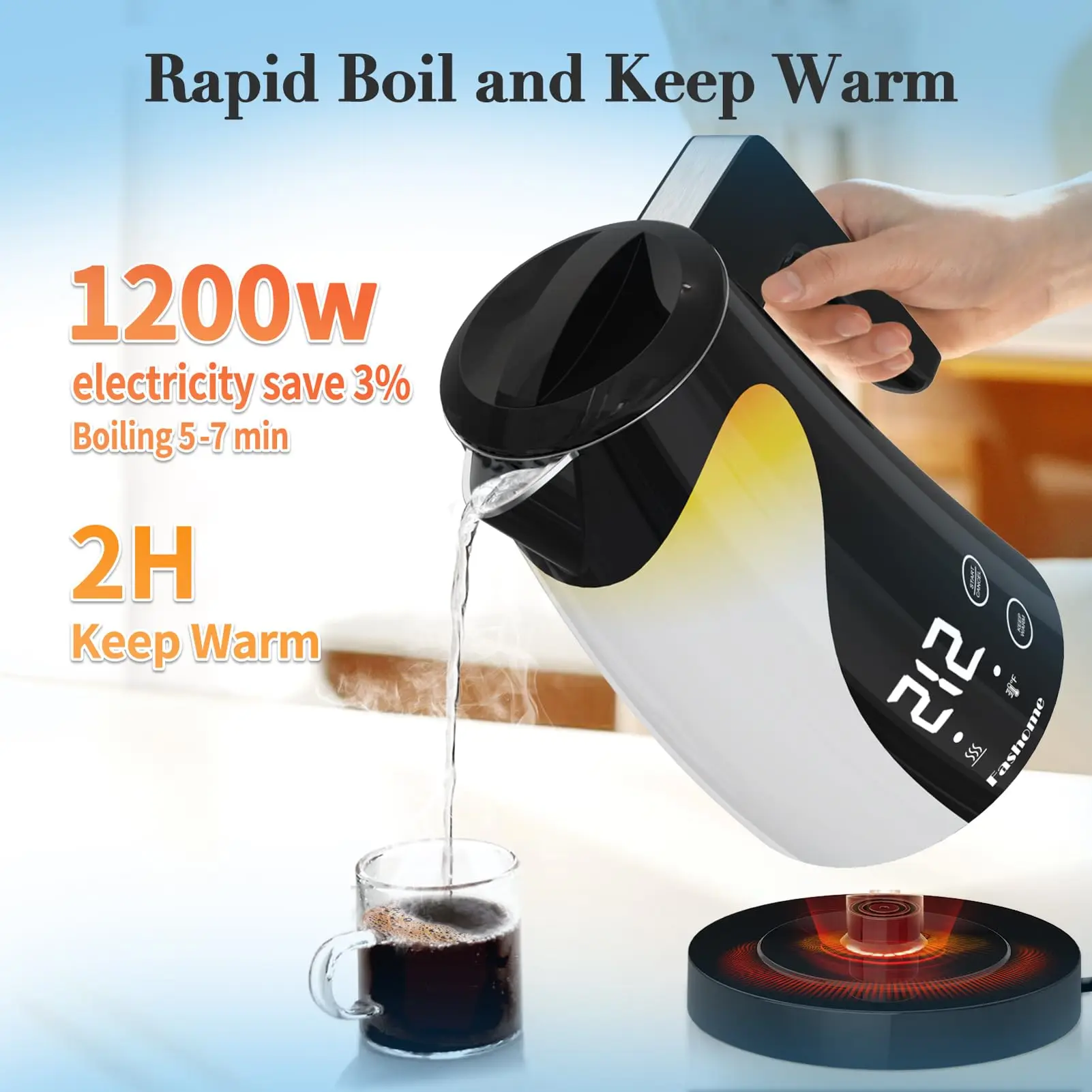 (US Local) 1200 W Wasserkocher Temperaturregelung Schnell erhitzender 1,25 l elektrischer Haushaltswasserkocher für Kaffee, Tee