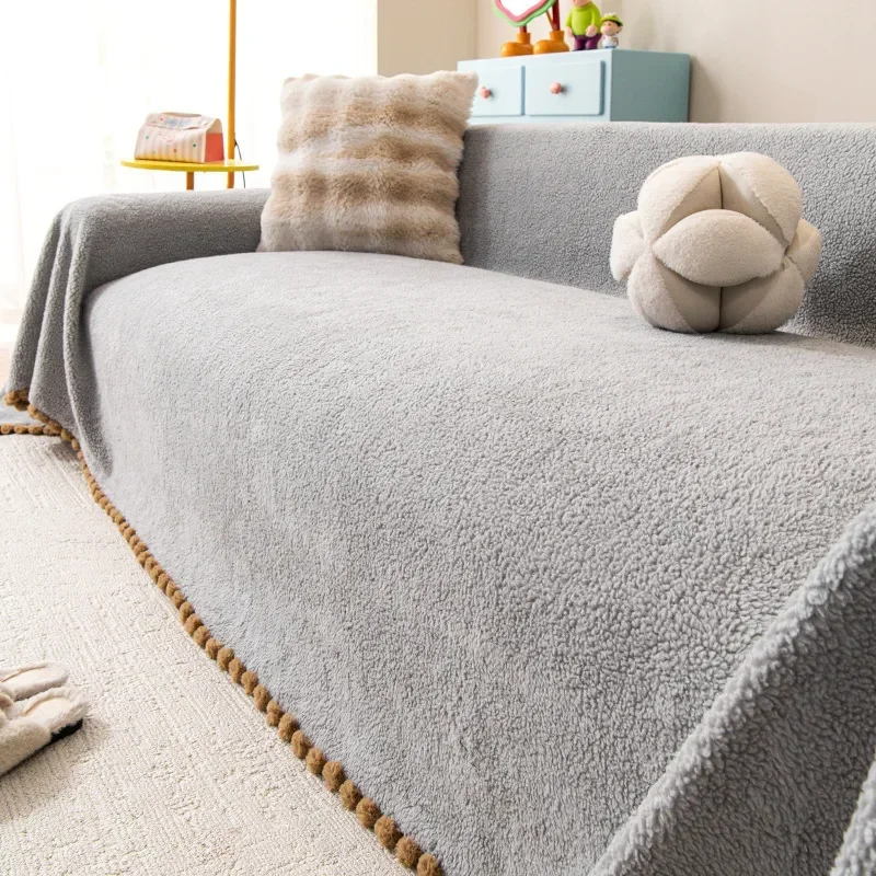 

Winter Thick Alpaca Fleece Sofa Cover One Piece Full Size Non Slip Slipcover Plush Blanket New Design