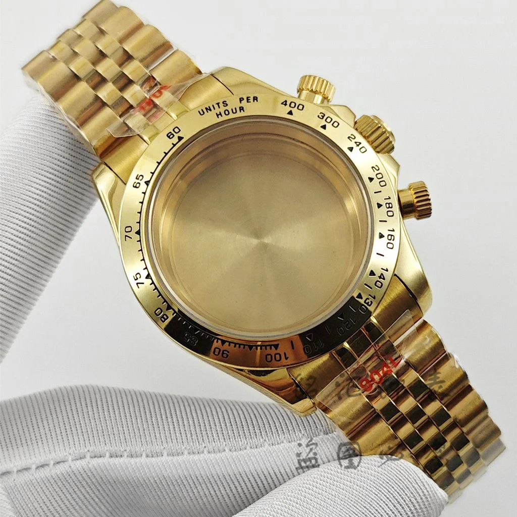 VK63 40mm Gold Daytona Jubilee Bracelet Watch Case with Sapphire Glass Men's Daytona for VK63 VK64 Quartz Movement VK63 Part Mod