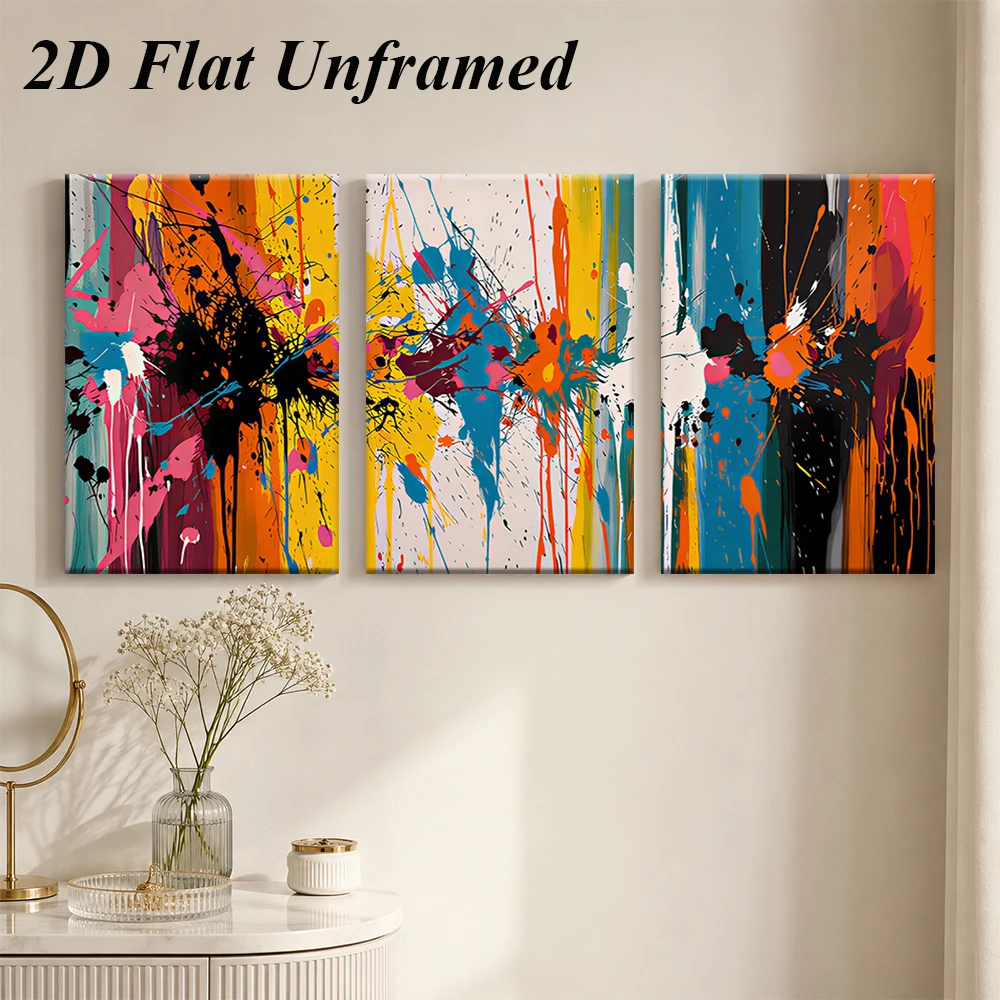 (3PCS Unframe)1 set of modern abstract triptych frameless decorative paintings, high saturation color splashed ink art paintings