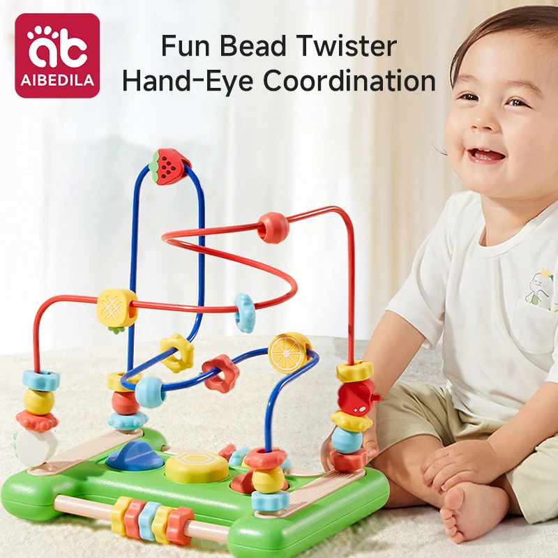 AIBEDILA Baby Wooden Bead Maze Roller Coaster Montessori Early Educational Counting Toys for 6-12 Months Toddlers Kids