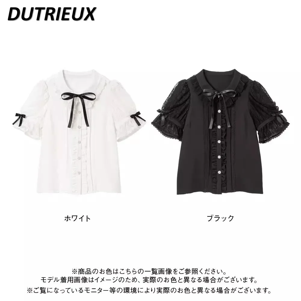 Japanese Sweet Cute Flared Short Sleeve Ribbon Bow Lace Chiffon Blouse Lolita Top Ruffled Black and White Shirt Camisa Feminina