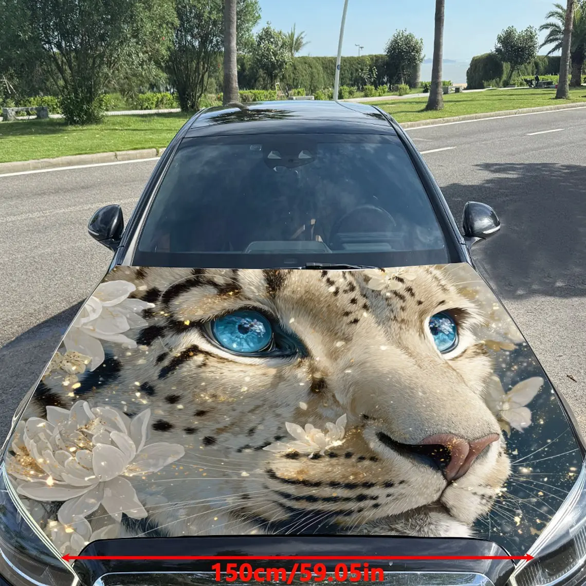 Gilded Floral Snow Leopard Car Hood Sticker,Waterproof Self-Adhesive Vinyl Graphics Decals,Decorative Auto Accessories Stickers
