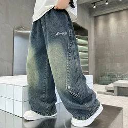 Fall Boys Multi-structure Design Button Wide-leg pants for Big Kids With letter Embroidery Pattern Boys' Straight Jeans 5-14 Y