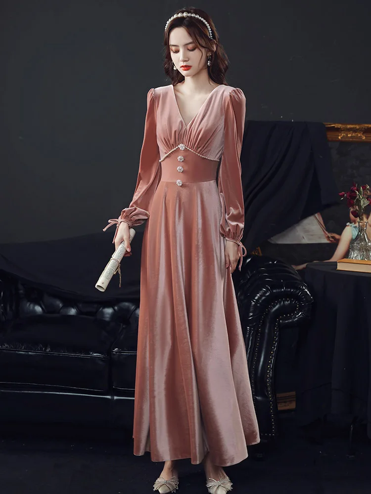 

Retro Velvet Bridesmaid Dress Elegant Long Sleeves Sweet pearl Women's Banquet Evening Dresses Vestidos De Fiesta De Noche