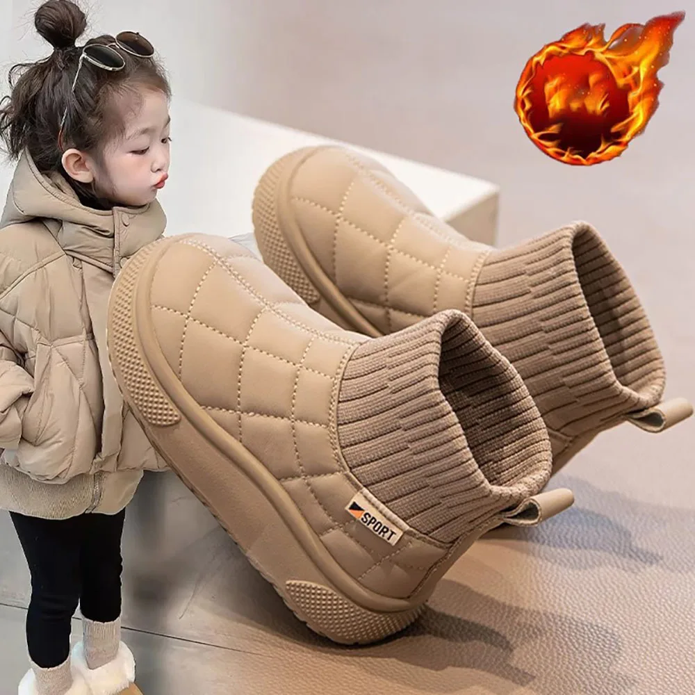 Winter Plush Boots For Children PU Leather Trend Fashion Teenager Girl's Snow Boots Soft-soled Thick Warm Boy's Cotton Shoes