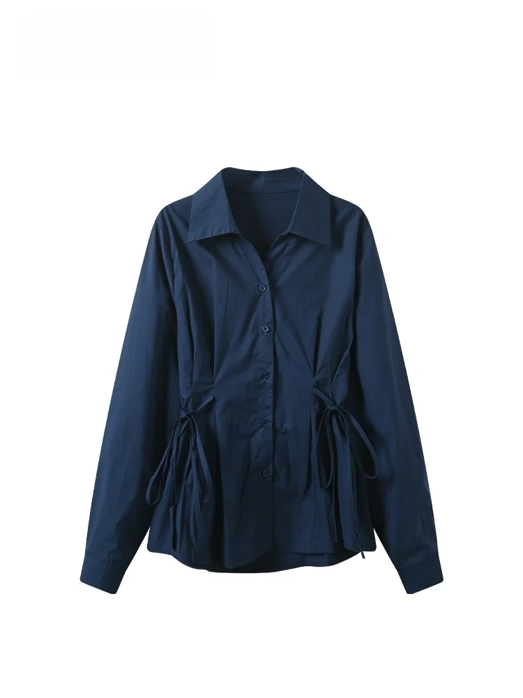 

plus Size Women's Neck Long Sleeve Shirt Waist Cinching Slimming Meat Concealing Spring New Style Cotton Casual Shirt
