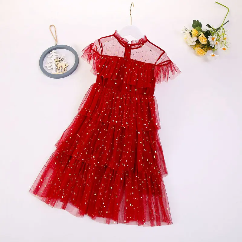 Summer Sequins Princess Lace Dress for Kids Girls Fashion Children Star Moon Print Party Clothes Korean Baby Tutu Dresses 8 12Y