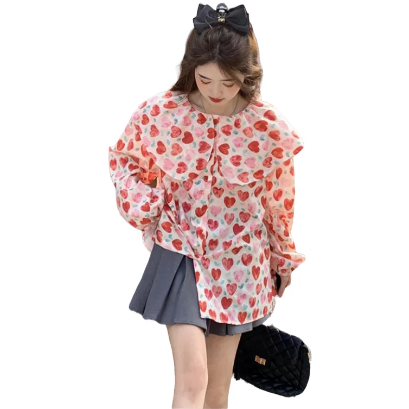 

Spring New Cotton Girlish Cute Doll Collar Long Sleeves Breathable Shirts Korean Style Streetwear Oversized Retro Print Blouses