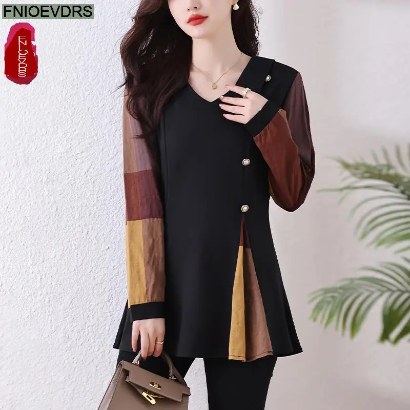 

L-5XL Loose Clothes 2023 Women Autumn Elegant Ruffles Basic Shirts Retro Patchwork Plaid Tunic Peplum Tops And Blouses