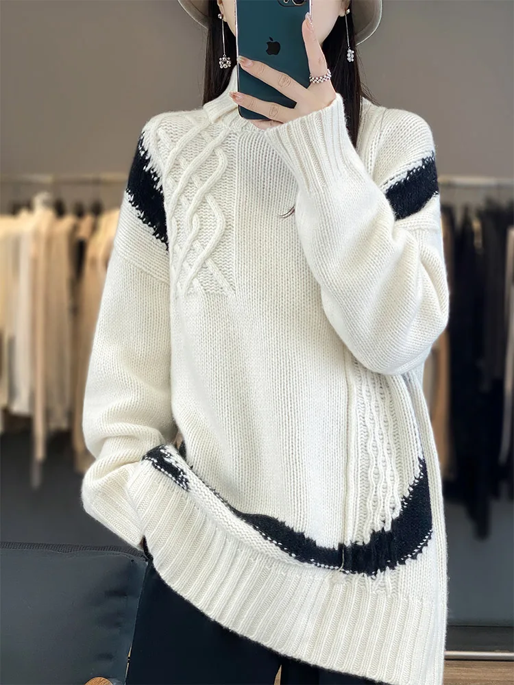 

Casual Autumn Winter Women Sweater 100% Merino Wool Female Knitwear Mock Collar Pullover Long Sleeve Clothing Tops Loose Jumper