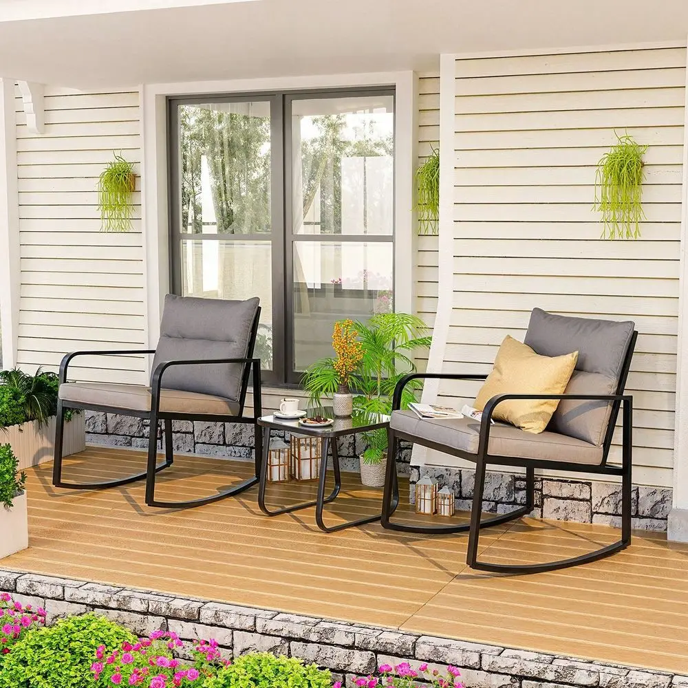 

Piece Rocking Bistro Set, Black Steel Patio Furniture, Porch Chairs Conversation Set With Glass Coffee Table, Back Cushion, For