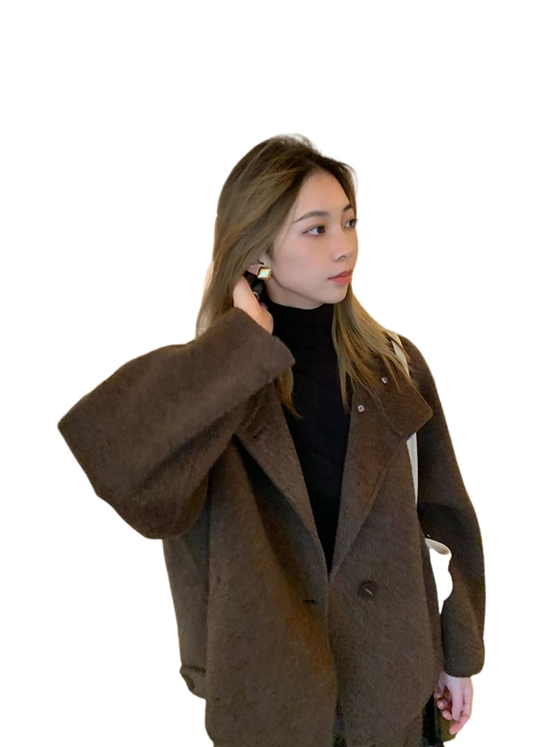 Retro camel hair, mulberry silk, wool coat, cashmere and woolen coat, short jacket, high-end feel