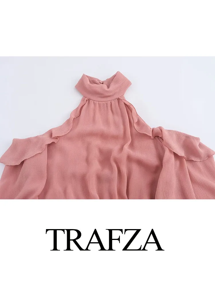 TRAFZA Summer Woman Solid Side Zipper Beach Mini Dress Women Elegant Crop Off Shoulder Folds Decorate Long Sleeve Slim Dress