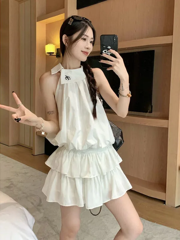 

Новый летний комплект для женщин: вышитый топ-халтер без рукавов на завязках и юбка в стиле Sweet And Spicy Girl