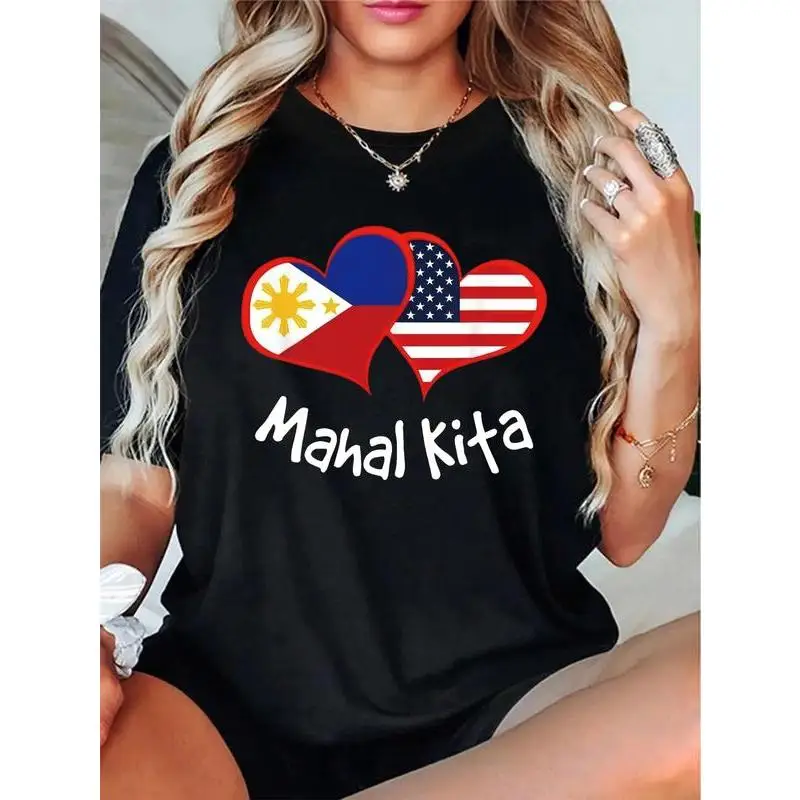 

Philippines USA Flag Graphic T-Shirt Women’s Mahal Kita Heart Print Casual Cultural Love Tee Gift Outfit S-3XL