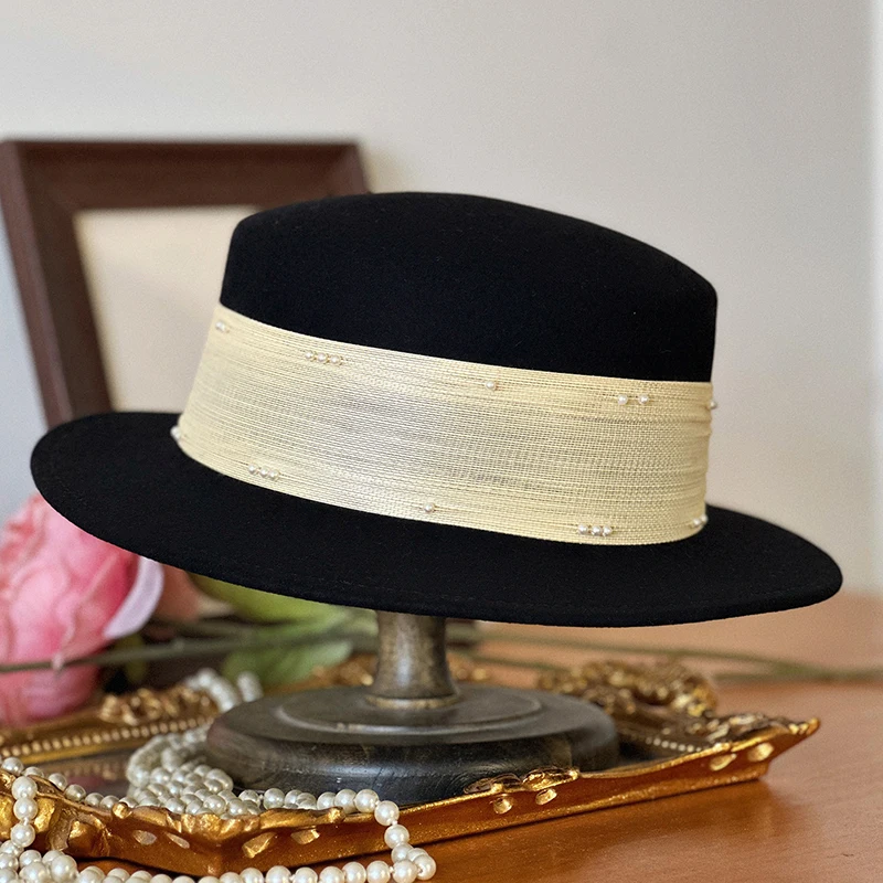 

Женская шляпа из шерстяного фетра с плоскими полями, Fedora, атласная лента, осенне-зимний теплый аксессуар для улицы