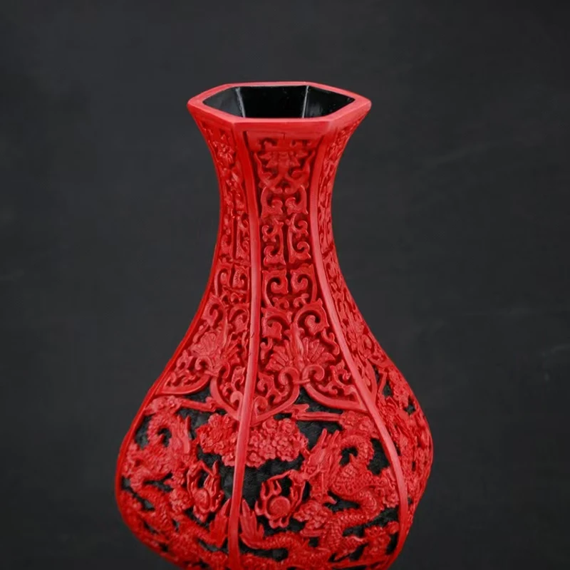 10 inch / Exquisite Chinese Classical Traditional Technology Red Lacquerware Dragon Auspicious Vase No.9
