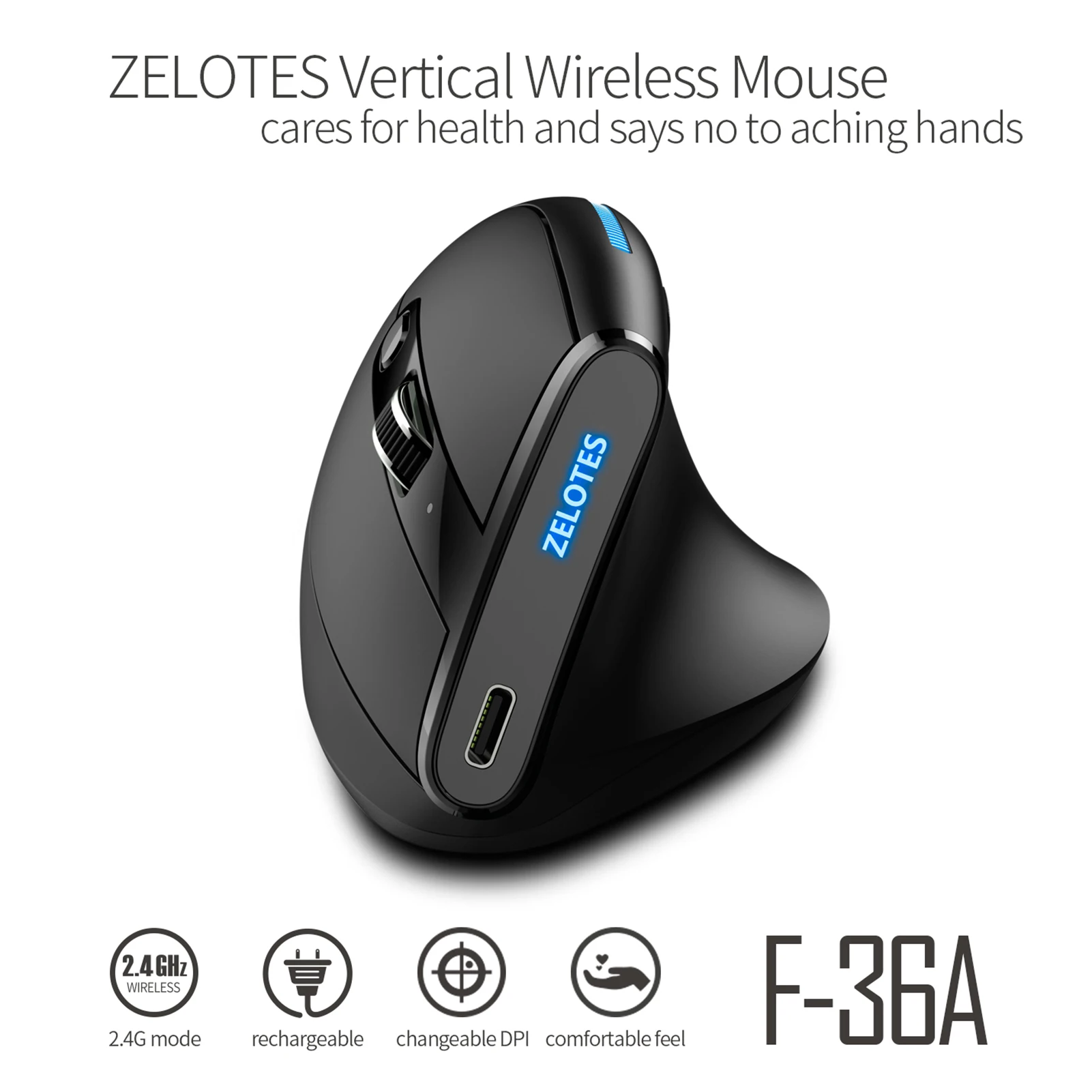 ZELOTES F-36A 2.4G Souris sans fil Chargement Blu-ray 6 boutons Souris optique 3 niveaux ug I souris noire