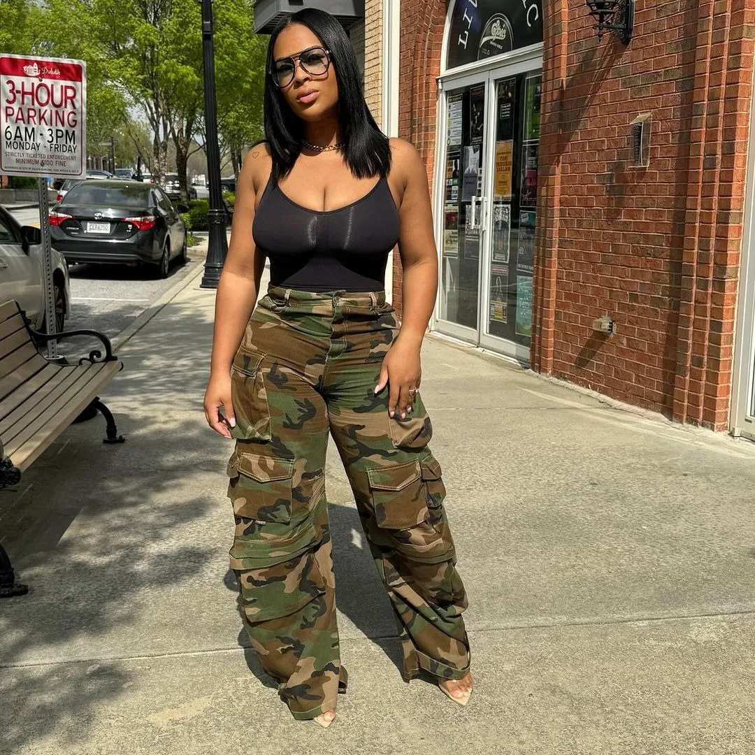 Women Pants Camo Capris Pocket Button Full Length Zipper Fly Waist Slight Strech Straight Pants Loose Fit Streetwear 2025 Spring
