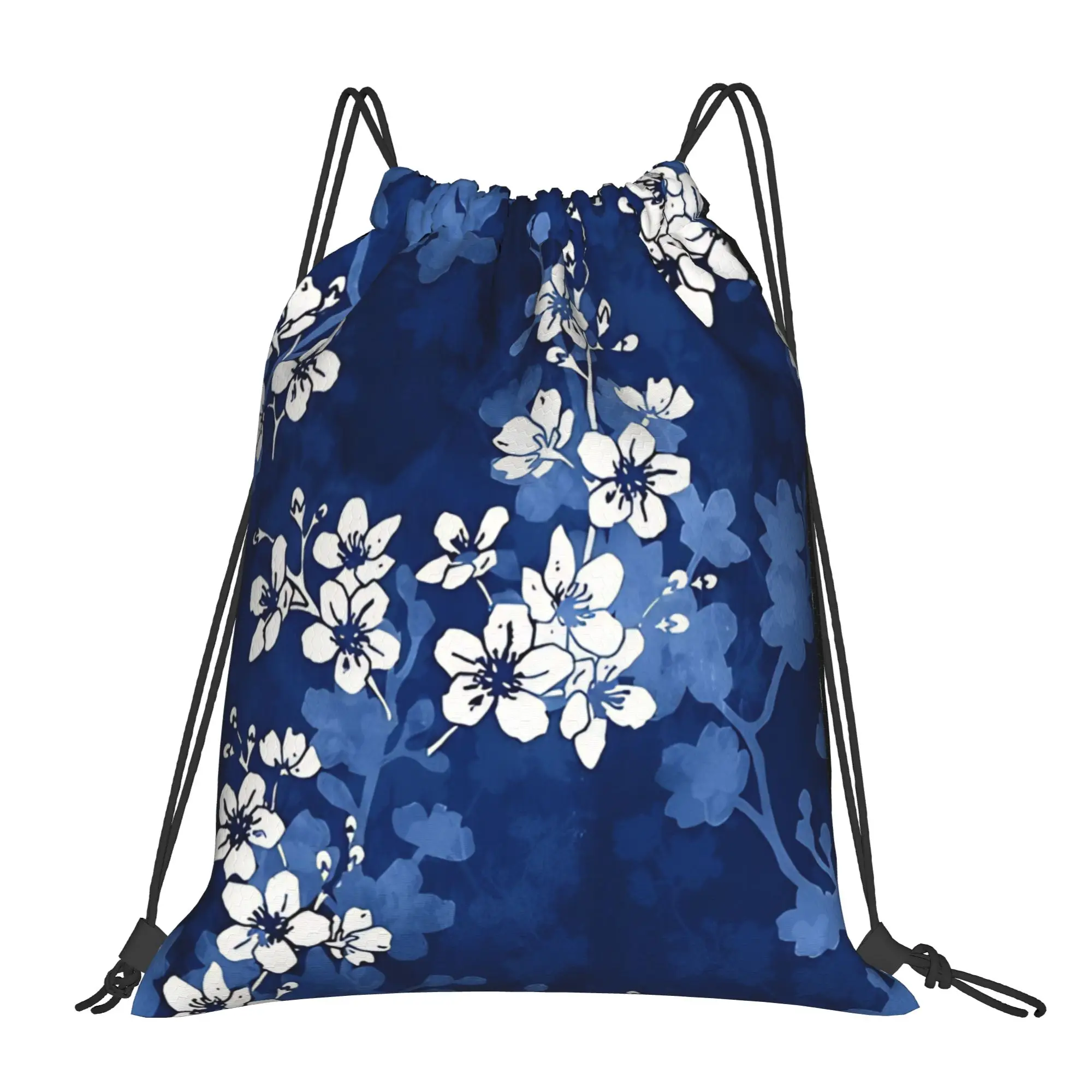 Floral Sakura blossom in deep blue Portable Hiking Riding Gym Drawstring Storage Sporty Backpacks