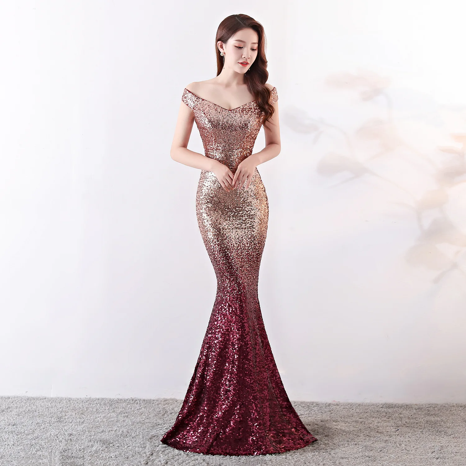 Evening Dress Golden Burgundy Sequins Stretchy Off the Shoulder Zipper Mermaid Trumpet Floor Length Women Party Formal Gowns