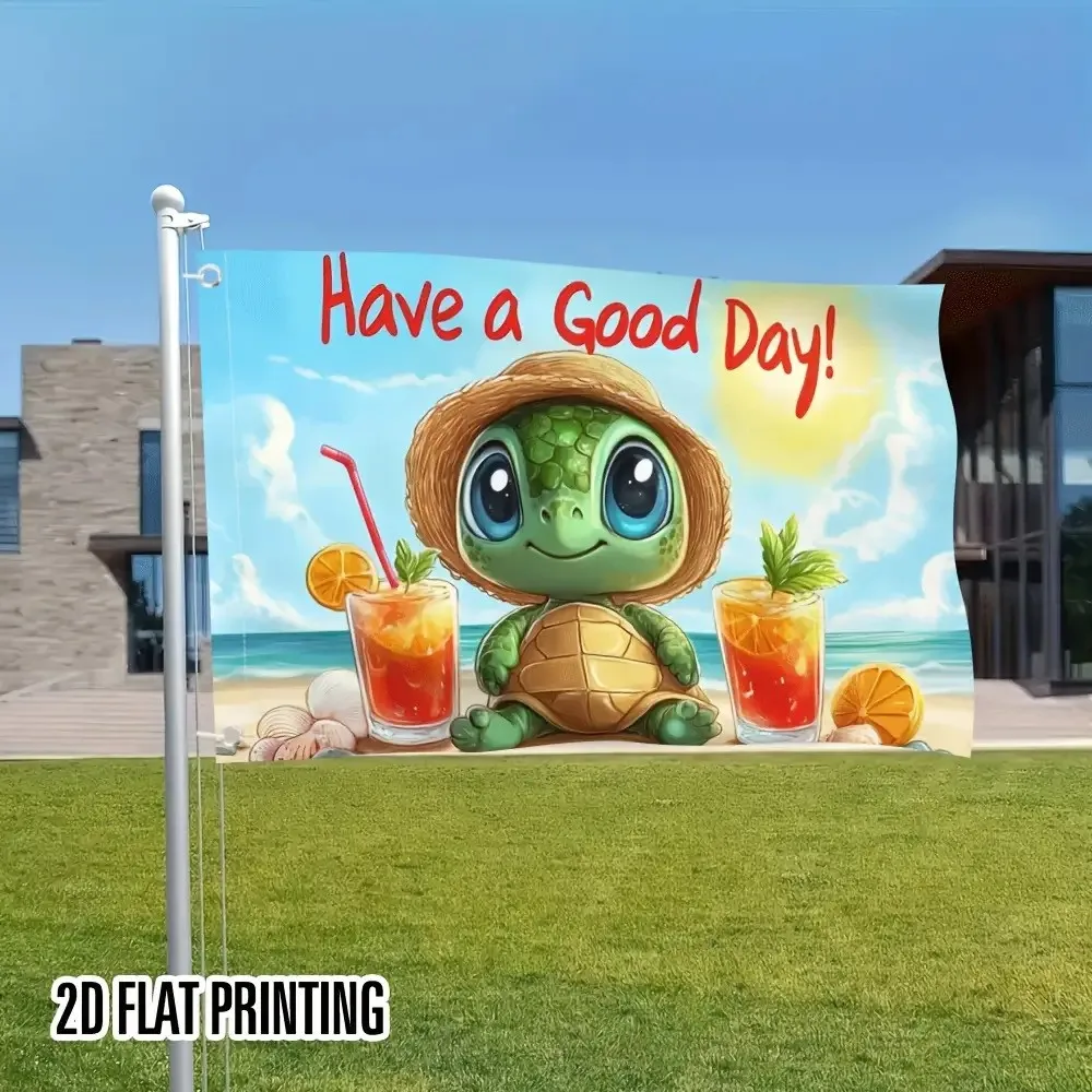 Funny Beach Turtle Garden Flag Cute Cartoon Summer Drink Themed Outdoor Decor Polyester