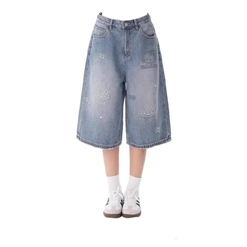 

Sanrios Hello Kittys Capri Pants Denim for Plus Size Women Summer Casual Loose Straight Wide Leg Cartoon Embroidery Comfortable