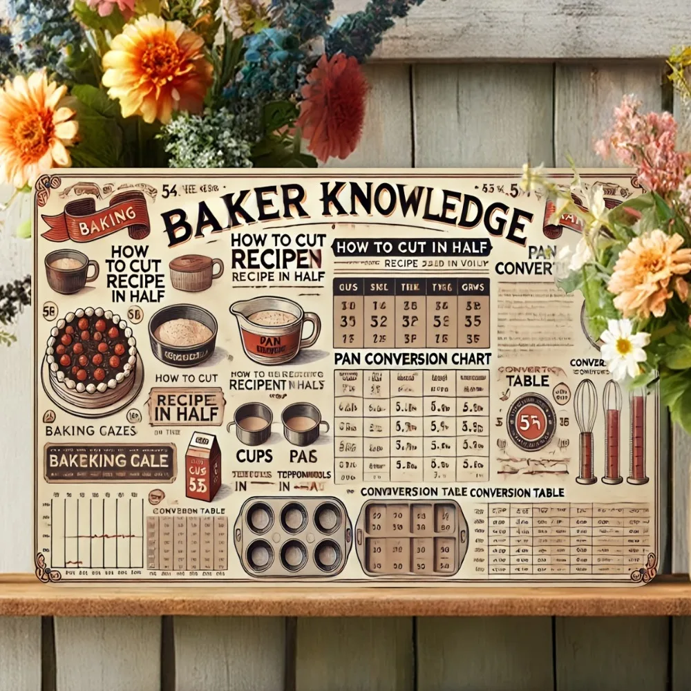 Vintage Metal Tin Sign Baker'S Knowledge Wall Art  Baking Tips & Conversion Chart for Cafe, Kitchen, Bar, Home Decor 16x12inch