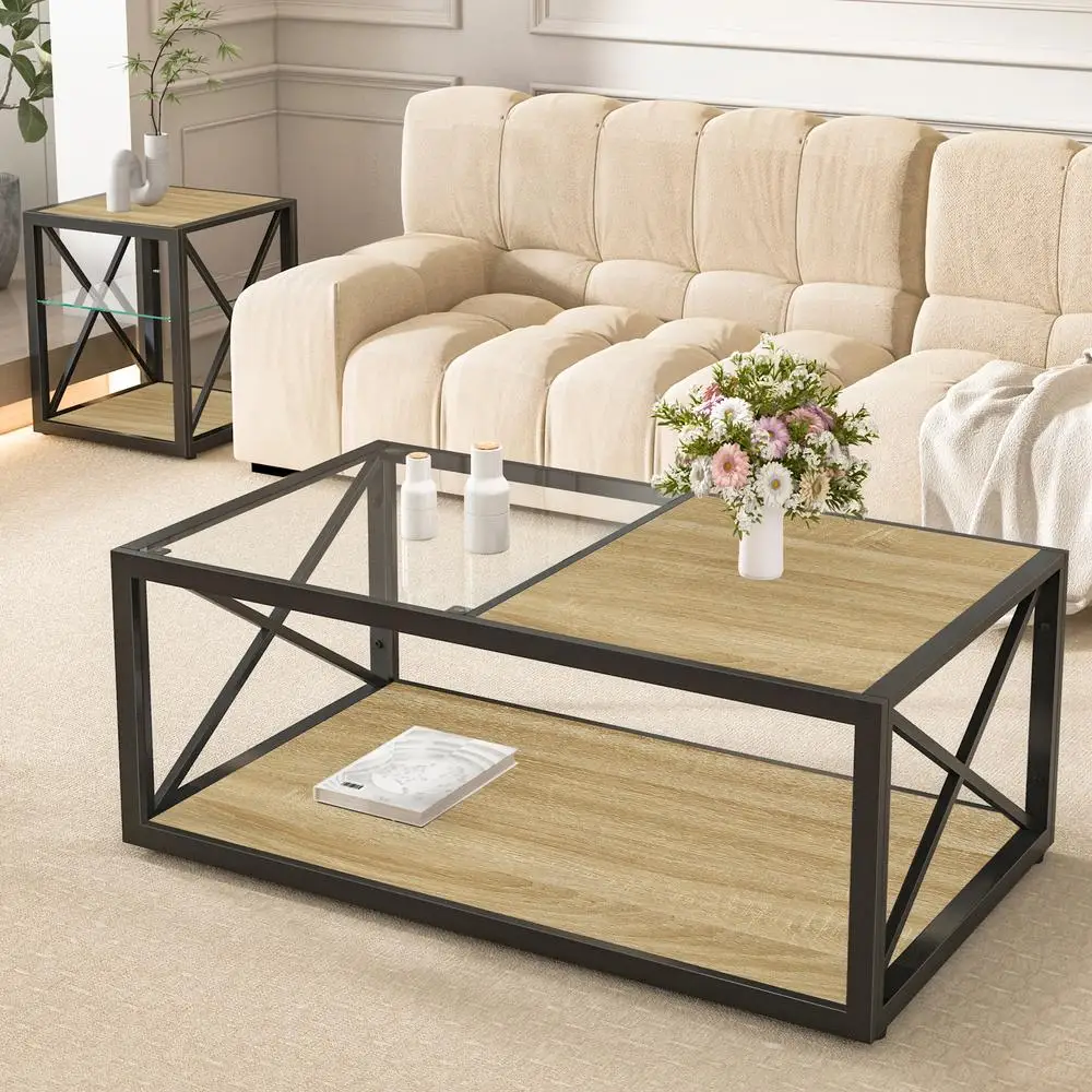 Tavolino moderno in stile industriale con piano in MDF in legno di vetro temperato per soggiorno, camera da letto, struttura a X