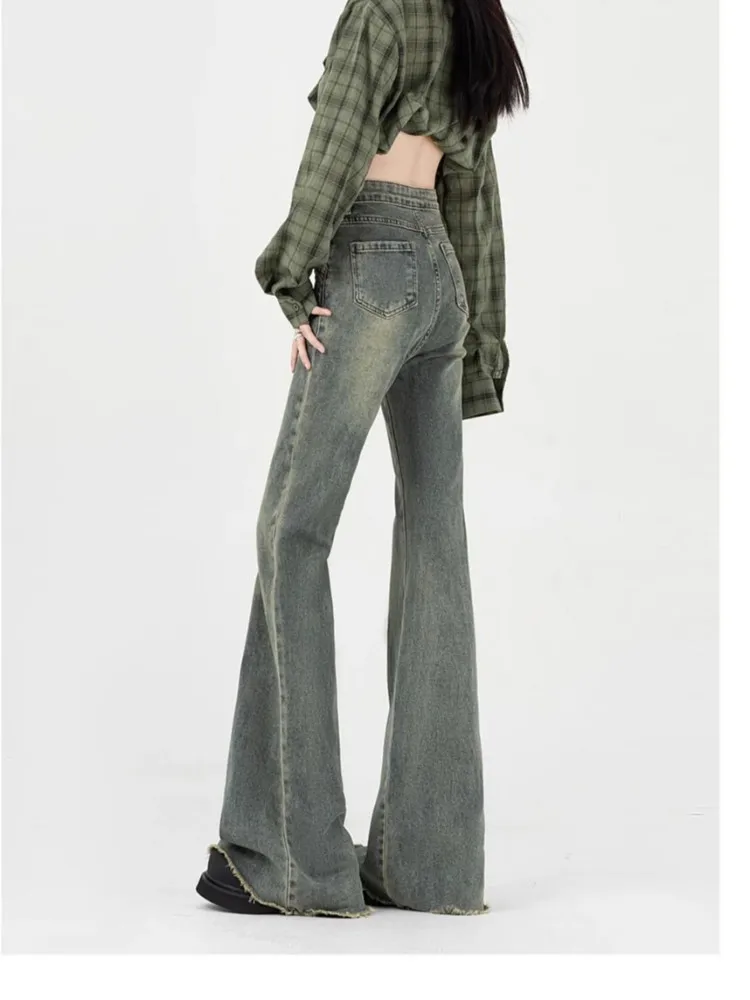 Micro Cropped Jeans for Women, High Waist Loose, Wide Leg, Design Sense of Thin Horn Mop, Horseshoe Pants, Y2K PunkLong Trousers