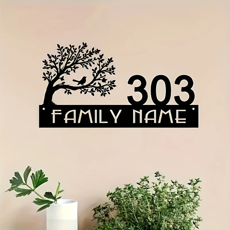 Customizable Tree and Bird Address Logo - Personalized Home Namehouse Number, Rust Resistant Iron Wall Art, Minimalist Silhouett image 4