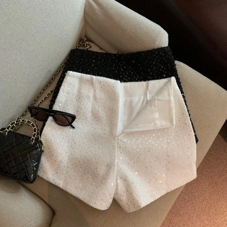 High Waisted Shorts Sexy Black  Pantalones Cortos De Mujer White Suits Short Femme Slim Autumn Y2k  Sequins Pants