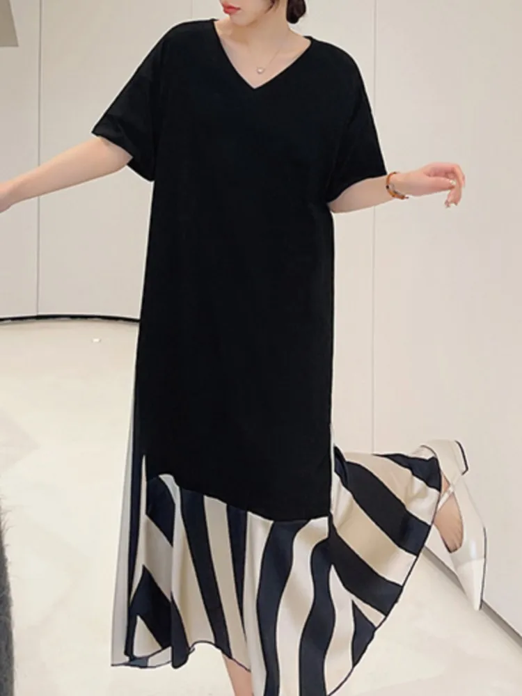 Falso de duas peças verão novo longo acetato cetim listra com decote em v vestido de manga curta maxi tamanho roupas moda vestido feminino