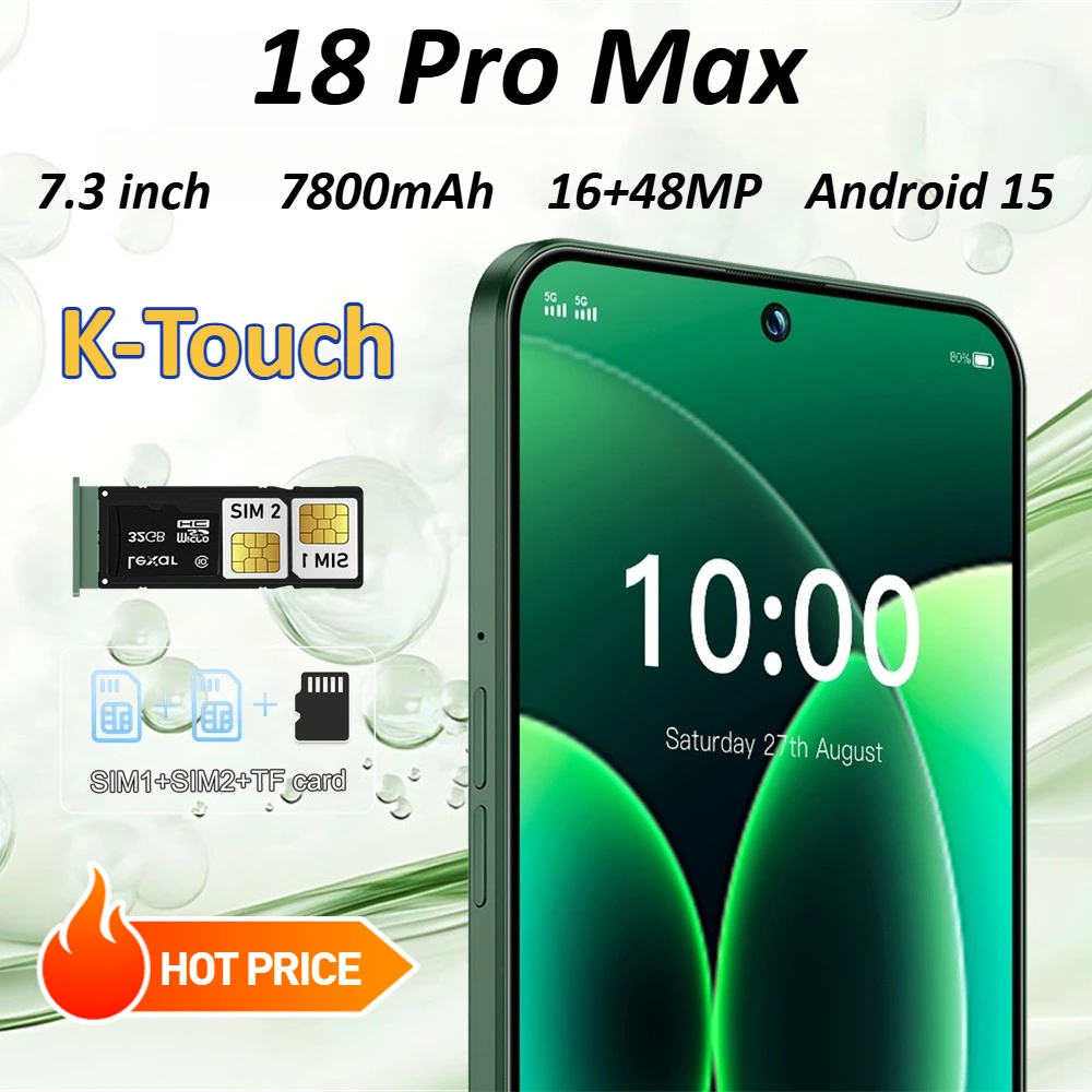 Téléphones mobiles K-Touch 18 Pro Max 5G, Smartphone double carte double veille, Écran 7,3 pouces, Android 15, Appareil photo 16 + 48MP, 22 Go + 2 To, Batterie 7800 mAh, Déverrouillage facial, Wi-Fi, Version globale