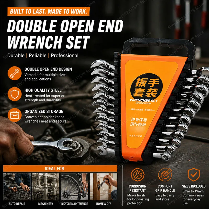 

12-Piece Wrench Set Double-Headed Opening Design 8-19 Mm Anti-Slip Efficient Work, Portable Household Universal Hand Repair Tool
