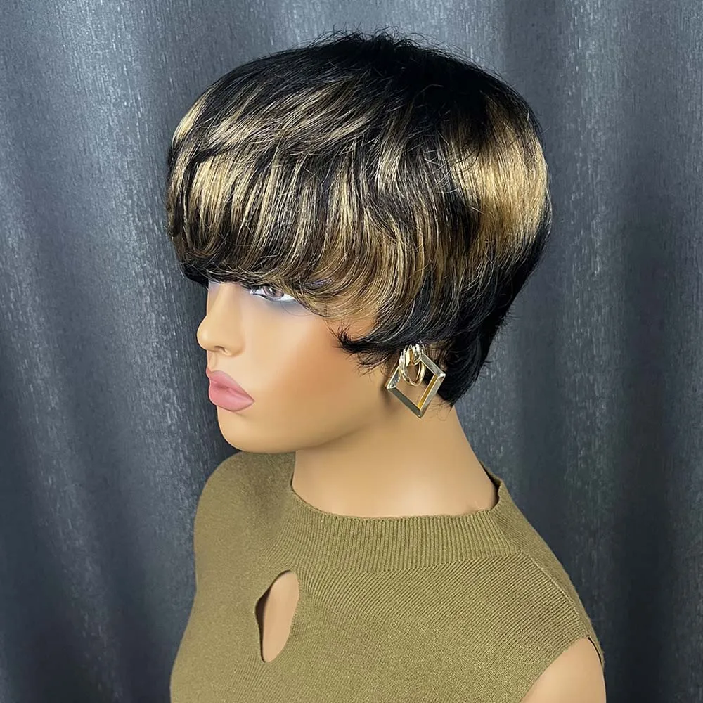 باروكة شعر قصيرة بقص عابث للنساء ذوات البشرة السمراء، لون أسود وأشقر، طبقات كاملة مصنوعة آليًا، شعر مستعار قصير مع غرة
