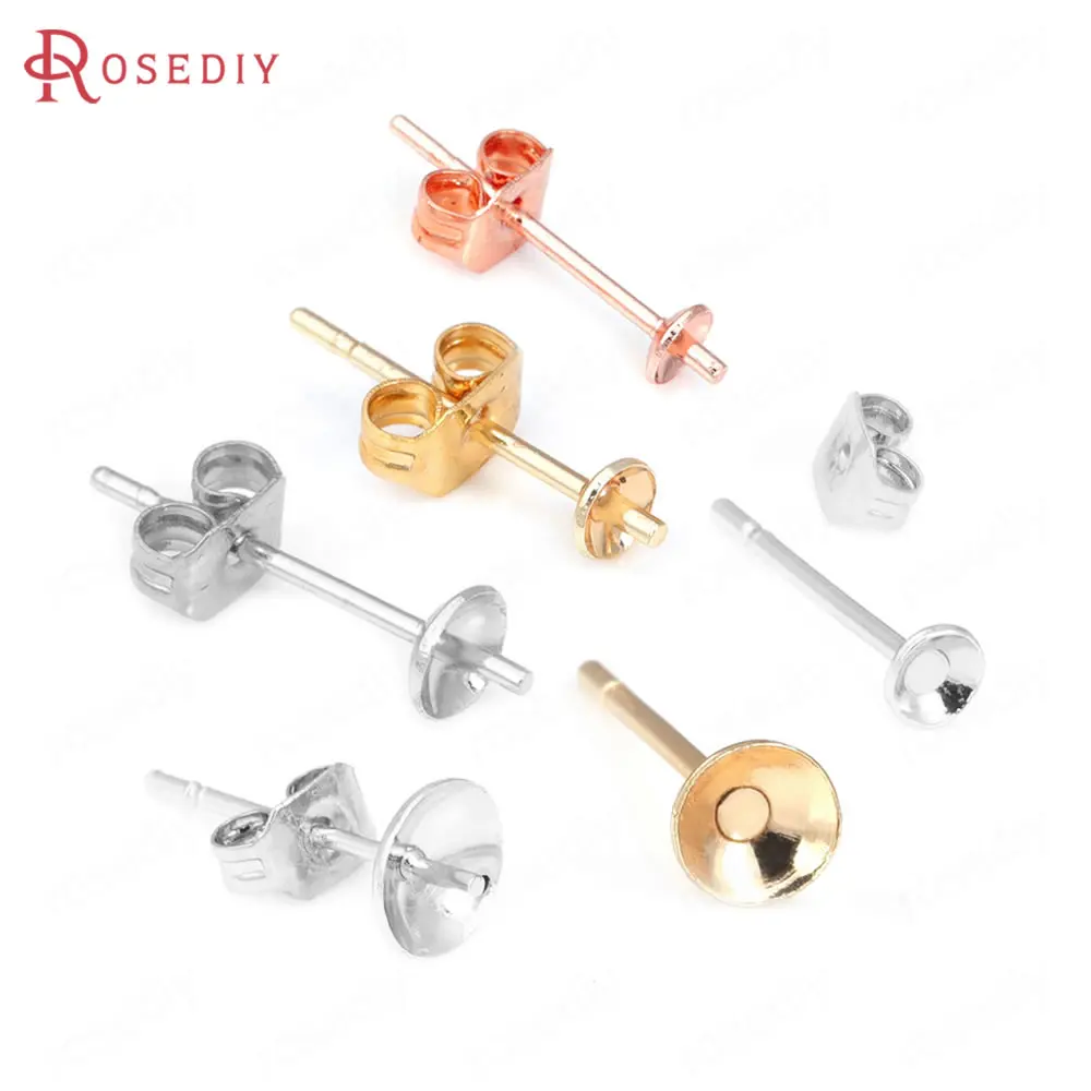 

50PCS Cap 3MM 4MM 5MM 6MM 18K Gold Color Stud Earrings Pins Jewelry Making High Quality Earrings Findings Diy Accessories