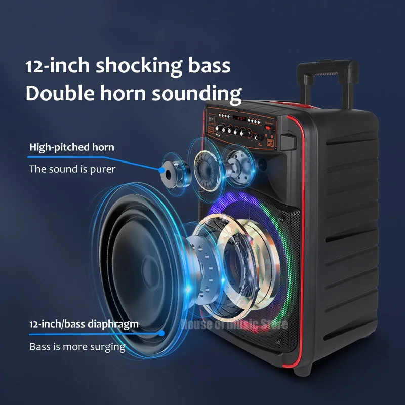 200W Peak Big Power Outdoor Meeting Party Colorful Trolley Bass Speakers BT5.0 Outdoor Karaoke Wireless Sound with 2 Microphone