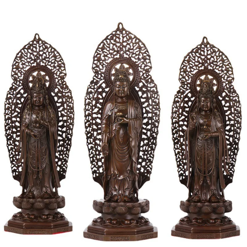 Copper Western Trinity Statue Set for Guanyin Amitabha and Mahasthamaprapta Buddhist Altar Decoration