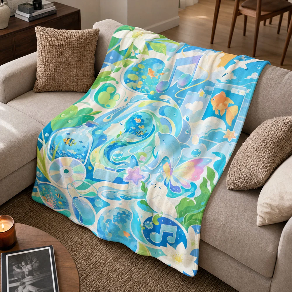 Vibrant Ocean Underwater Throw Blanket for Sofa Couch Decor Kids Cute Marine Life Music Note Tropical Beach Picnic Throw Gift Po
