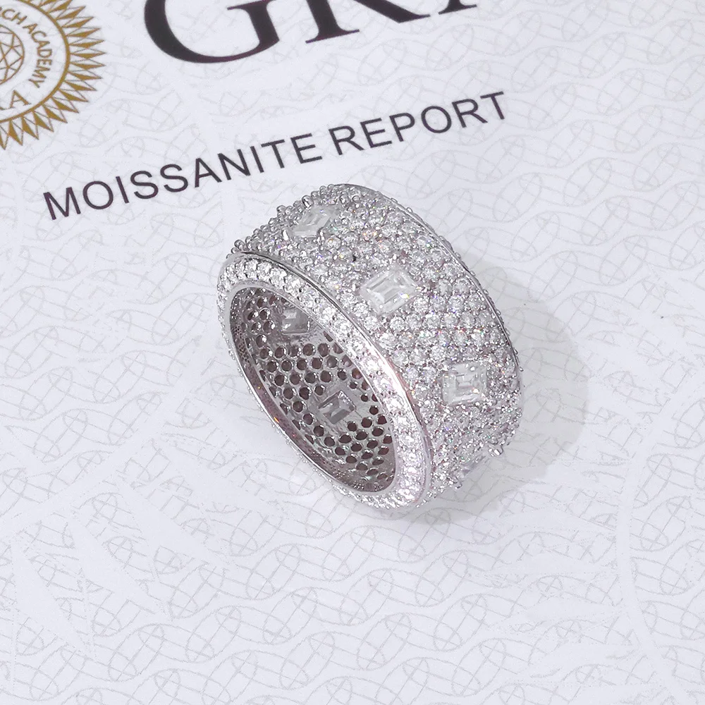 Кольцо с муассанитом 925 VVS, ювелирные изделия в стиле хип-хоп, Bling Iced Out, круглое квадратное кольцо с муассанитом и бриллиантом, мужское и женское кольцо, подарок