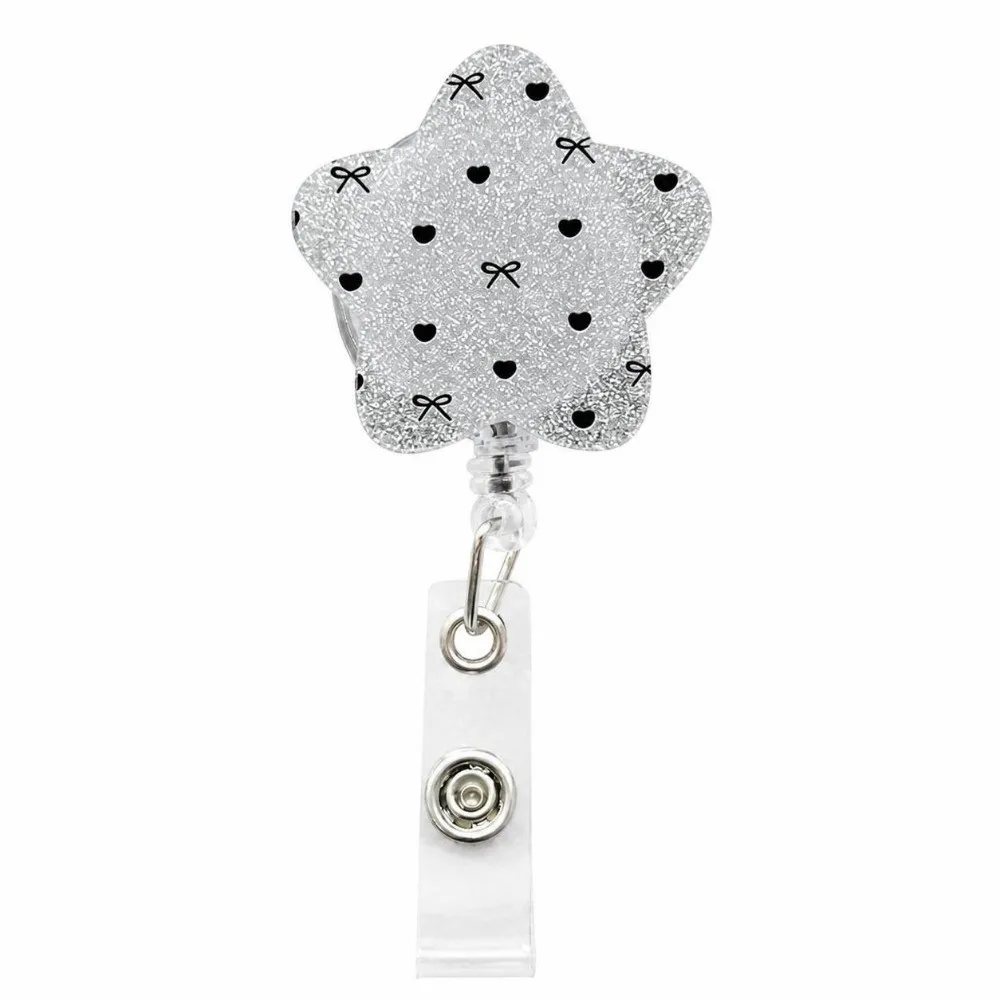 Cute Star Shape Retractable Badge Reel Heart Bow Print Glitter ID Badge Holder Clip Name Card Badge Reel Nurse Doctor Student