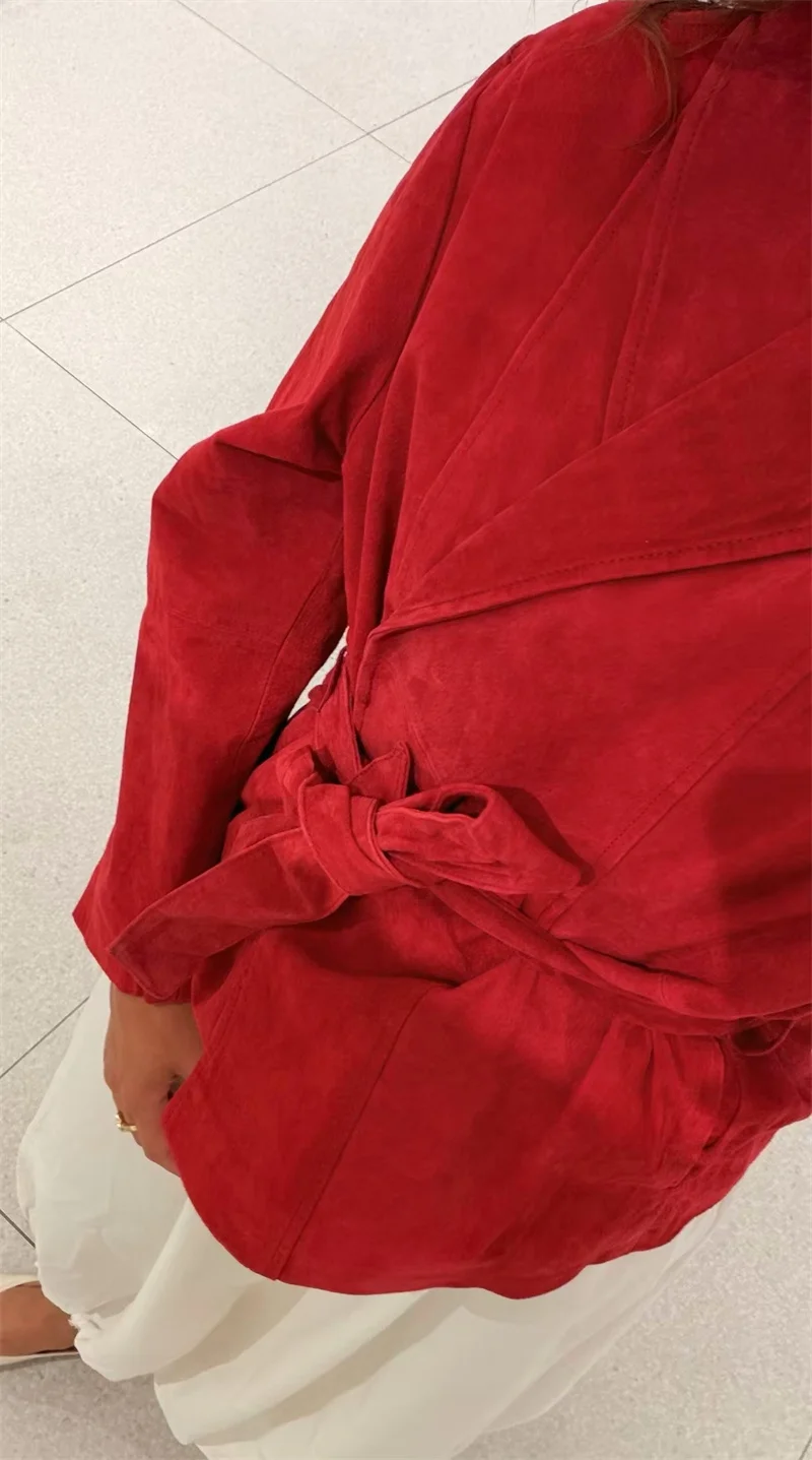 Guobioziy 2026 Fall New Women's Jacket Red Long and Short Sleeve Loose Belted Coat Parka Casual Fashion European and American