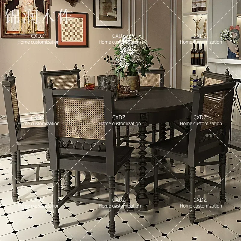 Black Solid Wood Round Dining Table Retro Carved Design Modern Simple Style Small Apartment Restaurant Furniture for 4 People