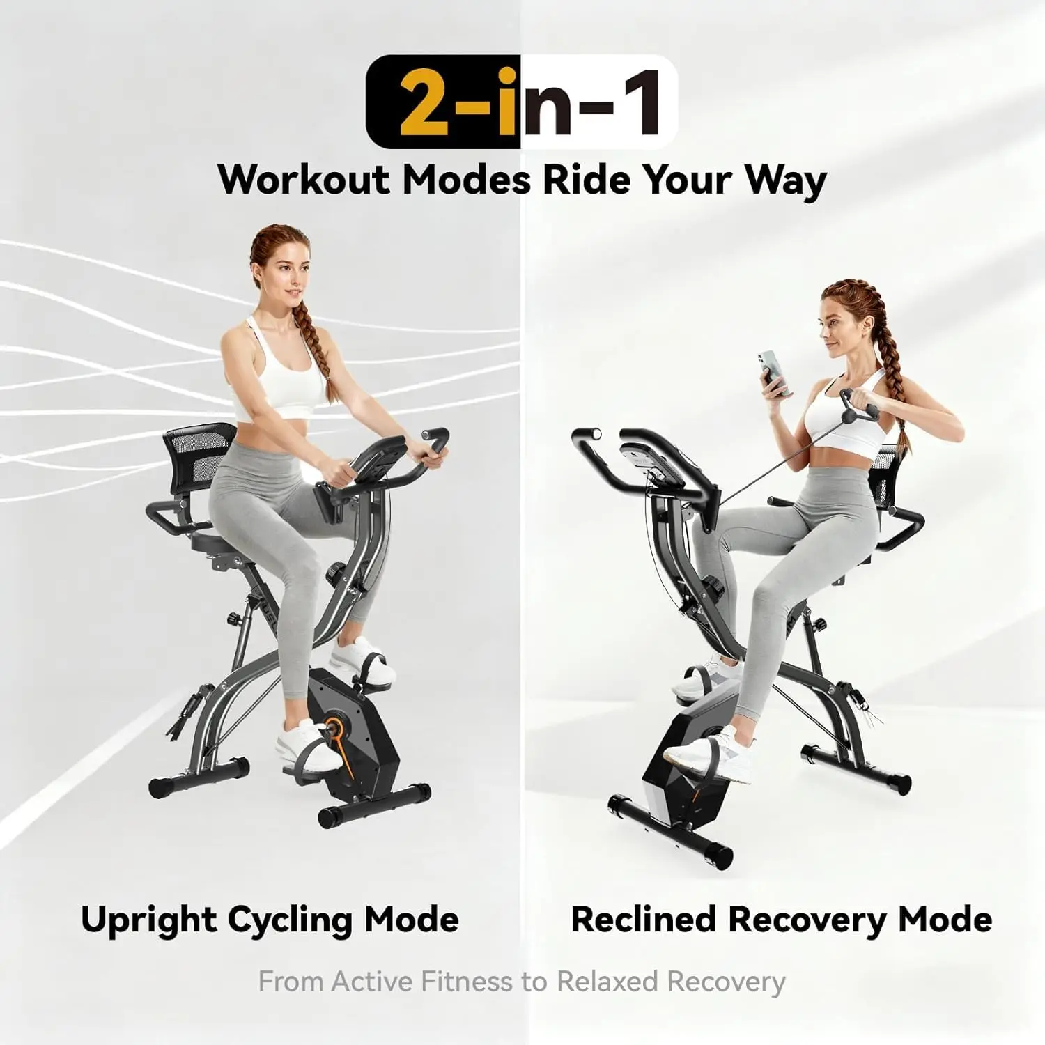 Folding Exercise Bike, 5-in-1 Stationary Bike for Home with Backrest, Upright and Recumbent Modes, 16-Level Magnetic